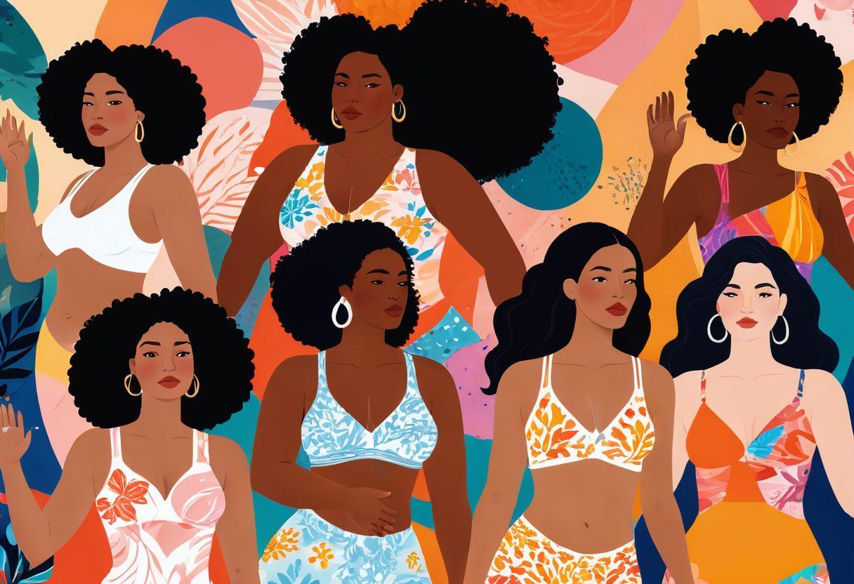 A vibrant and empowering illustration of diverse female bodies, celebrating uniqueness and beauty, with artistic splashes of color and abstract shapes representing self-expression. The women are depicted in confident poses, surrounded by floral and geometric patterns that symbolize body positivity. The scene conveys warmth and acceptance, inviting viewers to appreciate all forms of femininity. super-realistic. vibrant colors. 3D.