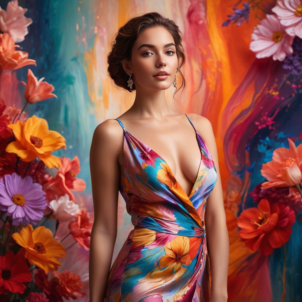 A confident woman standing tall in an elegant outfit that celebrates her body, with soft, warm lighting highlighting her features. In the background, abstract representations of intimacy and self-expression through swirling colors and dynamic shapes, symbolizing empowerment. Include delicate floral elements intertwining through the scene to signify growth. A blend of realism and artistic flair for added depth. super-realistic. vibrant colors. soft focus.